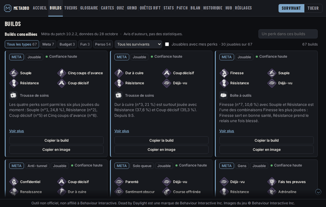 Page Builds côté survivant : builds conseillées du patch avec perks et objets