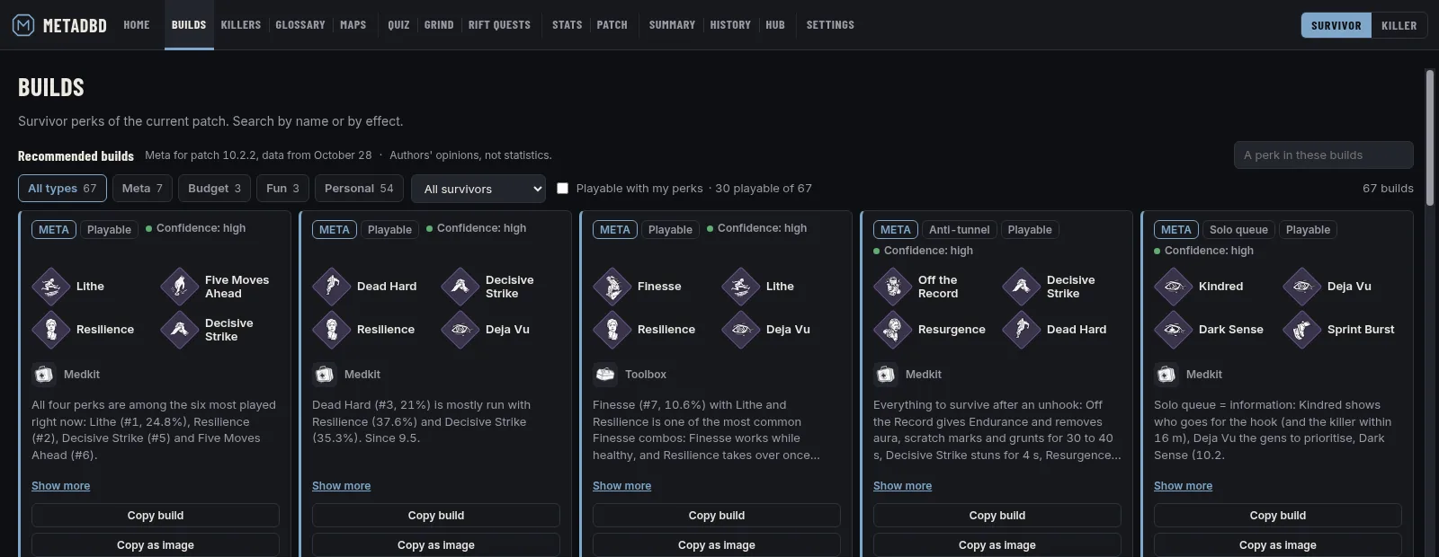 Survivor patch builds: perks, item and confidence, with the "playable with my perks" filter