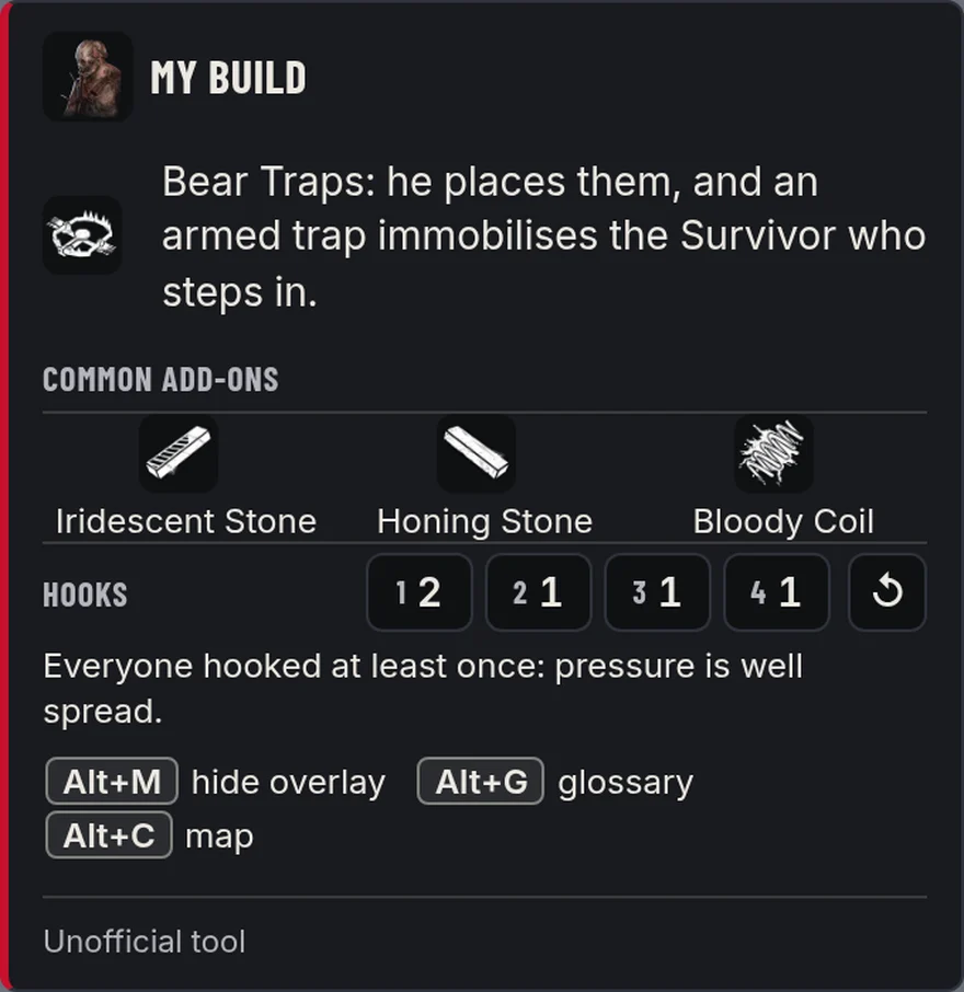 Killer overlay: your build, the add-ons and every survivor's hooks