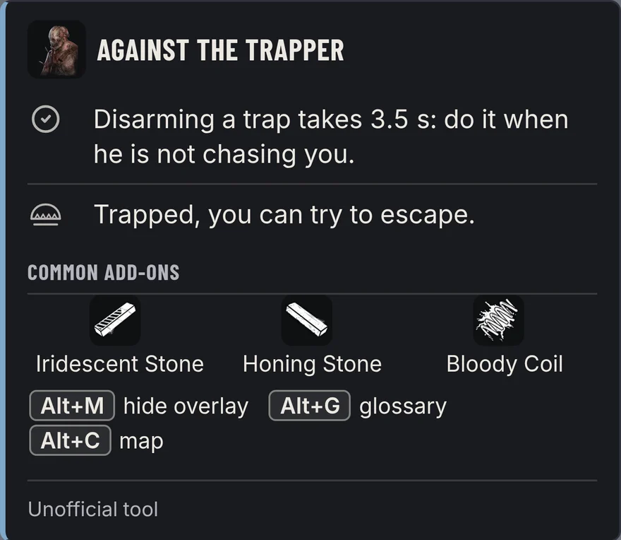 In-trial overlay: against the Trapper, two tips and the common add-ons